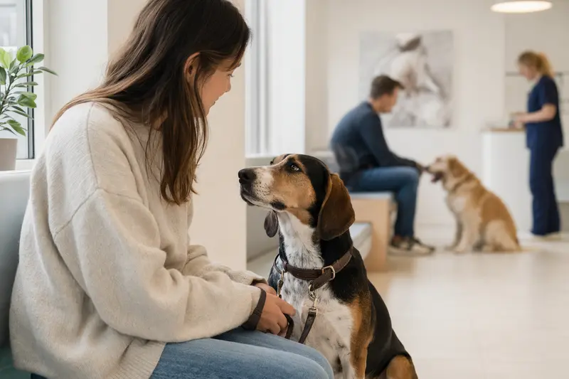 Ein Amerikanischer Foxhound sitzt entspannt neben seinem Besitzer im modernen Wartezimmer einer Tierarztpraxis.